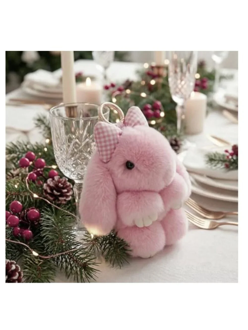 Plush Bunny Keychain with Bow, Faux Fur, Cute Rabbit Charm for Bags & Keys,